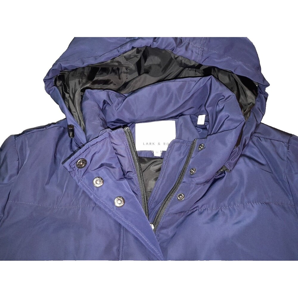 Lark & Ro Women's Navy Blue Puffer Jacket," "Removable Hood," "Quilted," "Winter